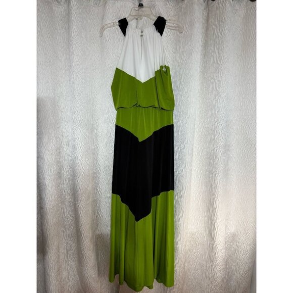 London Style Women's XS Chevron Color Block Maxi Dress Halter Neck Elastic Waist - Picture 3 of 11